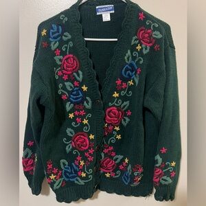Vintage Pendleton Green Embroidered Floral Cardigan Sweater Cottage Core Size L